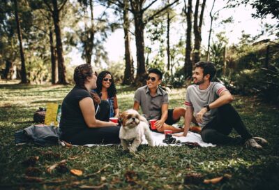 Group of People Sitting with a dog on White Mat on Grass Field