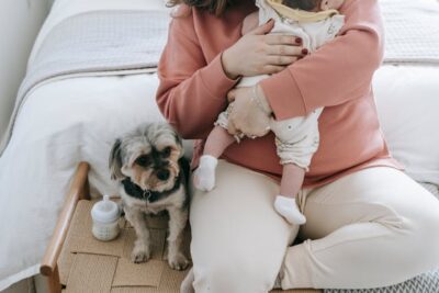 mother with newborn baby near Morkie dog